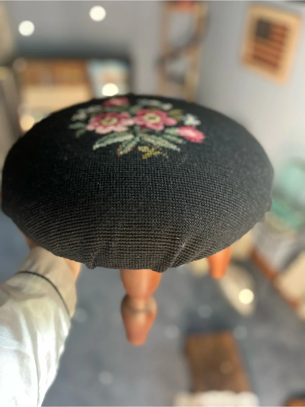 Black Floral needlepoint Round Footstool - Classic Home Accent